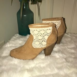 NWOT. Lace detail. Tan ankle booties. Never worn.
